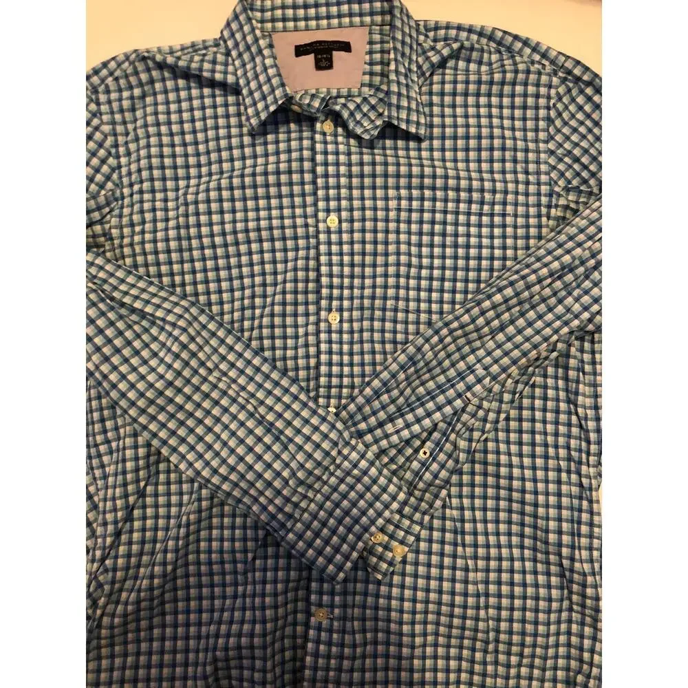 Banana Republic Shirt Mens Large Button Up Dress Shirt Blue Plaid Check 16 A5